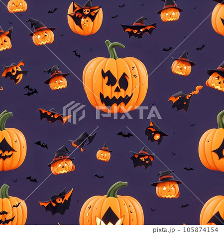 Cute cartoon pattern of Halloween pumpkin, bat on black background. Cute cartoon pattern of Halloween pumpkin, bat on black background. 105874154