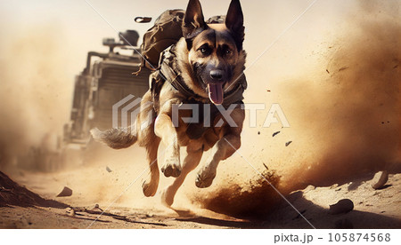 War dog fighting and running in full battle in the desert. Generated with Artificial Intelligence 105874568