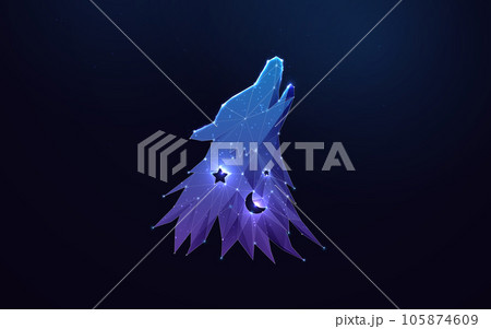 Wolf head with crescent moon and stars. Logo design element. Low polygonal and wireframe from dots and lines. Vector illustration 105874609