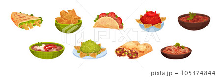 Mexican Traditional Food with Nachos, Tortilla, Burrito Wrap and Bean Stew Vector Set 105874844