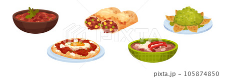 Mexican Traditional Food with Bean Stew, Burrito and Guacamole Vector Set 105874850