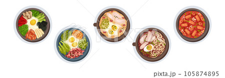 Korean Food and Dish Served on Plate Above View Vector Set Korean Food and Dish Served on Plate Above View Vector Set 105874895