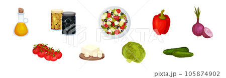 Greek Salad Ingredients with Olive Oil, Pepper, Tomato, Cucumber, Onion and Served Bowl Vector Set 105874902