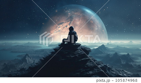 An astronaut sits on top of a mountain and looks into space against the backdrop of the planet 105874968
