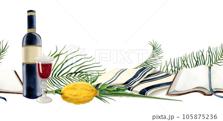 Sukkot horizontal seamless banner watercolor illustration isolated on white background with Jewish holiday symbols, etrog, tallit, red wine and Torah book Sukkot horizontal seamless banner watercolor illustration isolated on white background with Jewish holiday symbols, etrog, tallit, red wine and Torah book 105875236