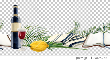 Sukkot horizontal seamless banner watercolor illustration isolated on white background with Jewish holiday symbols, etrog, tallit, red wine and Torah book 105875236