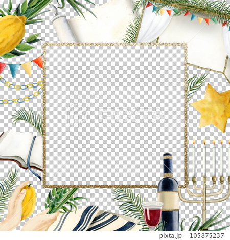 Sukkot square frame watercolor illustration isolated on white background with etrog, four species, tallit, sukkah, red wine and Torah book for Jewish holiday greetings Sukkot square frame watercolor illustration isolated on white background with etrog, four species, tallit, sukkah, red wine and Torah book for Jewish holiday greetings 105875237