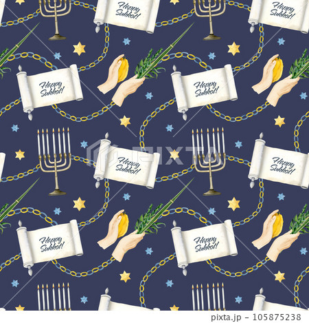 Sukkot seamless pattern on dark navy blue background with watercolor Torah scroll and greetings, waving the Lulav, Etrog, four species, stars of David and menorah for traditional Jewish holiday Sukkot seamless pattern on dark navy blue background with watercolor Torah scroll and greetings, waving the Lulav, Etrog, four species, stars of David and menorah for traditional Jewish holiday 105875238
