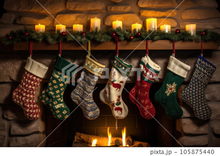 Christmas socks of different colors for gifts are hanging on the fireplace with decorations. 105875440