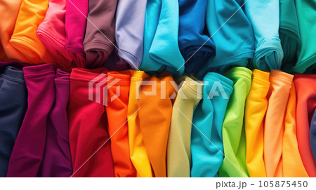 Stack of colorful t shirts with a clean background 105875450