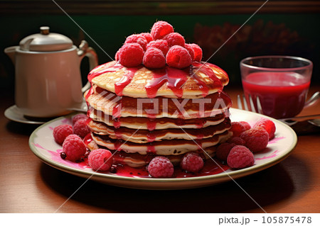 Pancakes with raspberries in a plate Pancakes with raspberries in a plate 105875478
