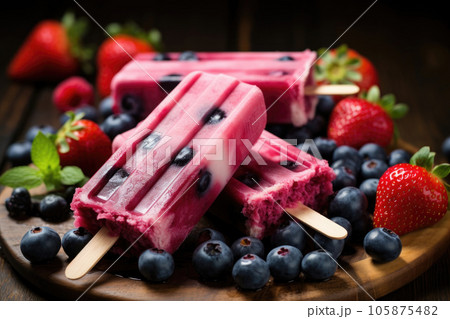 Fruit ice cream on a stick with blueberries, strawberries, blueberries and mint leaves 105875482