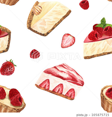 Watercolor seamless pattern desserts, piece of cheesecake with fresh strawberries. Hand-drawn illustration isolated on white background. Perfect food menu, food drawing, design packing, print 105875715