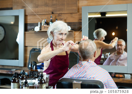 Mature woman master completes creation of senior male clients image with help of scissors Mature woman master completes creation of senior male clients image with help of scissors 105875928