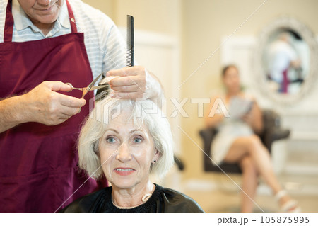 Elderly silver-haired lady getting haircut by male hairdresser using scissors 105875995