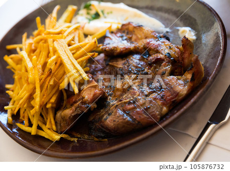 Plate of grilled lamb meat Plate of grilled lamb meat 105876732