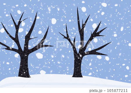 Snow. Illustration. White blanket of snow. Winter concept. Snow covered streets. White cloak Christmas concept. Winter road and landscape of frozen trees. Free space for your decoration. 105877211