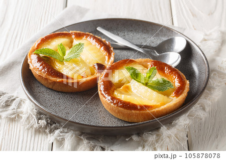 Festive fresh apple tartlets with custard decorated with mint close-up in a plate. Horizontal Festive fresh apple tartlets with custard decorated with mint close-up in a plate. Horizontal 105878078