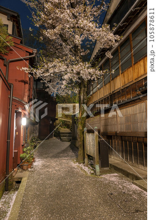 金沢のさくら名所・主計町茶屋街の夜桜 金沢のさくら名所・主計町茶屋街の夜桜 105878611