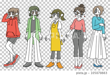 ポーズをとる女性の全身イラスト 5人セット 105878663