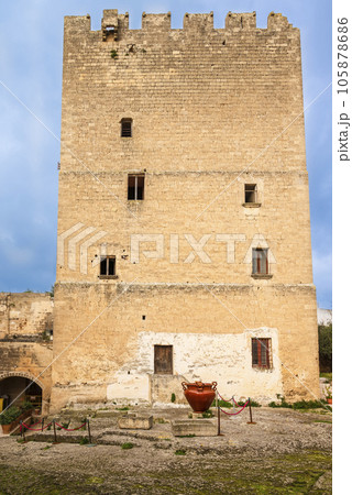The tower of Episcopio Castle in Grottaglie, southern Italy The tower of Episcopio Castle in Grottaglie, southern Italy 105878686