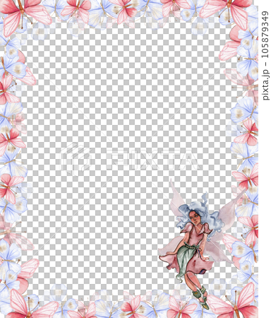 Watercolor square spring flowers frame in cartoon style with a flower fairy. Cartoon hand drawn background with flowers. Perfect for wedding invitation, for kids design, posters. 105879349