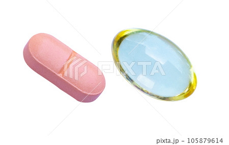 Fish oil supplement capsule gold, pink drug isolated on white background. Pill strengthens immune system. Body's immune response after vaccine is good is becoming popular. Medicine nourish body 105879614