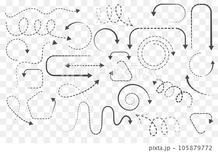 Infographic elements on isolated transparent background, simple arrows. Line art style. Set of different pointers and arrows. Black and white illustration. Doodles 105879772