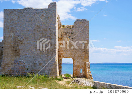 Old Venetian fort. Ruins of old medieval castle on mediterranean sea. Kastelina castle Vir island Old Venetian fort. Ruins of old medieval castle on mediterranean sea. Kastelina castle Vir island 105879969