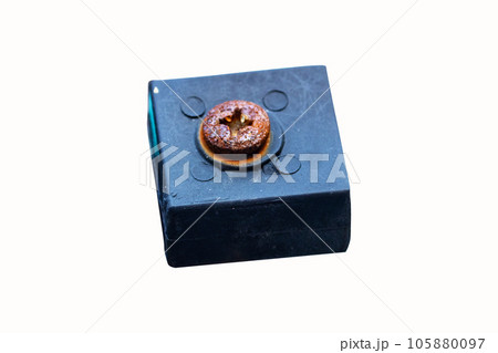 Old Metal male, female square nut rusted screw nail heads bolts, screws attached to steel plate to wood. Attach structure wall to be strong wall of house. Isolated on white background. Old Metal male, female square nut rusted screw nail heads bolts, screws attached to steel plate to wood. Attach structure wall to be strong wall of house. Isolated on white background. 105880097