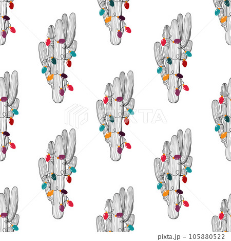 Tropical Christmas Cactus with lights seamless pattern in minimalistic black and white sketch style. Winter holiday repeat background 105880522