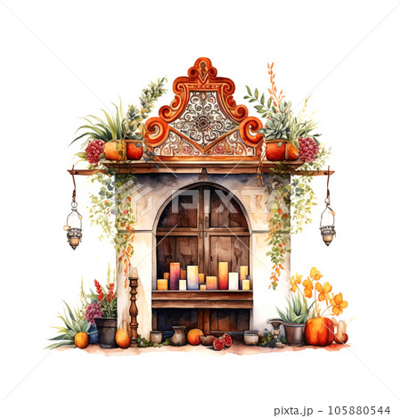 Vintage watercolor illustration with mexican altar Day of the dead 105880544