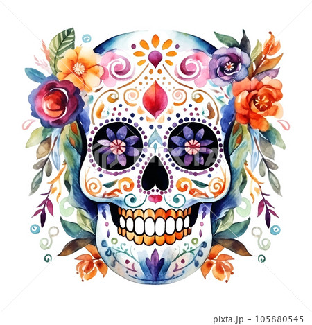 Day of the dead Colorful mexican skull with flowers watercolor illustration on white background 105880545