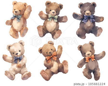 いろいろなポーズのクマのぬいぐるみ-2（水彩画風） 105881224
