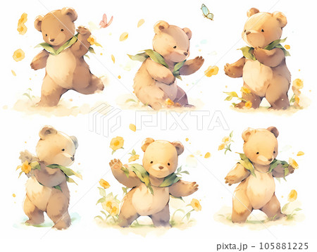 いろいろなポーズのクマのぬいぐるみ-3（水彩画風） 105881225