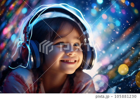 ヘッドフォンで音楽を聴く少女 105881230