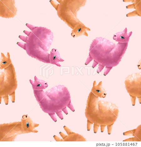 Seamless pattern with pink alpaca. Watercolor hand painted illustration isolated white. Funny llama animal. Seamless pattern with pink alpaca. Watercolor hand painted illustration isolated white. Funny llama animal. 105881467