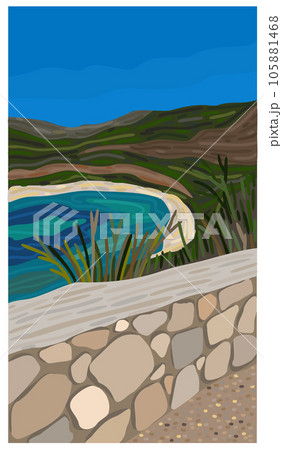 Summer landscape. Stone wall near the sea. Picturesque seashore. Vector illustration. Summer landscape. Stone wall near the sea. Picturesque seashore. Vector illustration. 105881468