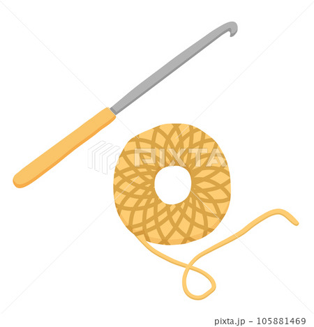 Vector hand drawn crochet hook and tangle yarn isolated on white background. Color sketch Vector hand drawn crochet hook and tangle yarn isolated on white background. Color sketch 105881469