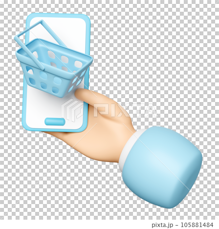 3d hand holding smartphone with basket isolated. hand using mobile phone, online shopping concept, 3d render illustration 105881484