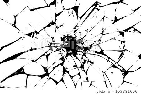 Broken glass texture. Grunge punk background for overlay effect for cd album cover, cool vintage distressed damaged wallpaper. Vector illustration of shuttered, cracked glass window. 105881666