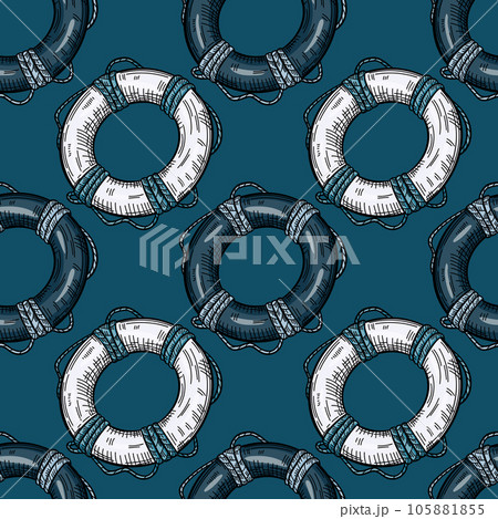 Vintage lifebuoy with rope sketch seamless pattern. Hand drawn life ring in engraving style wallpaper. Vintage lifebuoy with rope sketch seamless pattern. Hand drawn life ring in engraving style wallpaper. 105881855