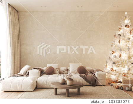 Contemporary scandi boho white beige livingroom with sofa and decor - carpet background. Large modern japanese Christmas tree and nature view. 3d rendering mock up. High quality 3d illustration 105882078