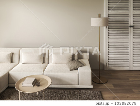Contemporary classic white beige livingroom with sofa background. Large modern japanese lamp and nature view. 3d rendering mockup three picture frame. High quality 3d illustration 105882079