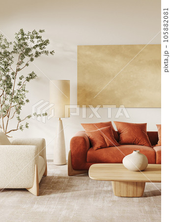 Contemporary classic white beige livingroom with plants and decor - carpet background. Light modern japanese lamp and nature view. 3d rendering illustration mock up. High quality 3d illustration 105882081