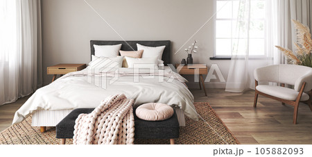 Scandinavian hamptons white bedroom interior design. Wooden farmhouse furniture and dry plants. Horizontal banner panoramic background. 3d rendering. High quality 3d illustration 105882093