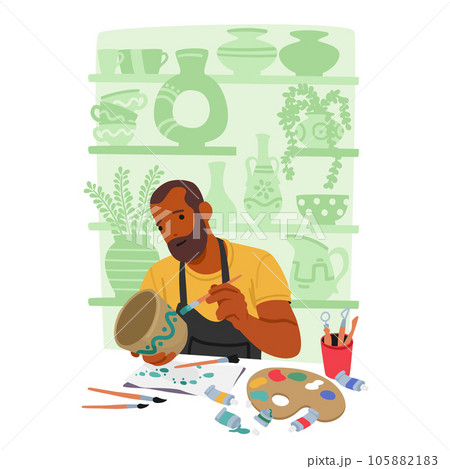 Focused Artist Male Character Molding Intricate Design On Handmade Pottery With Steady Brush Strokes And Vibrant Colors 105882183