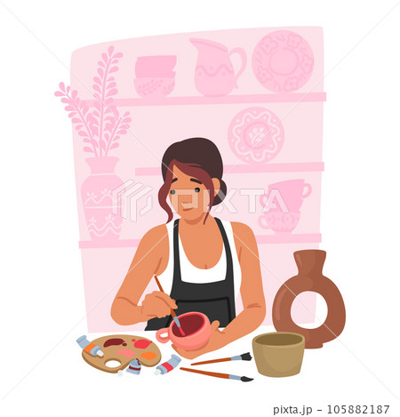 Focused Artist Female Character Skillfully Paints Intricate Designs On Handmade Pottery, Blending Creativity 105882187