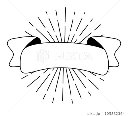 Black monoline ribbon with sun rays. Line banner icon, Web design element. Hand drawn vector illustration. Place for your text for business, greeting card and holidays copy space 105882364