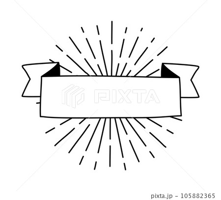 Line vector black ribbon with sun rays. Banner icon, Web design element. Hand drawn illustration. Place for text for business, greeting card and holidays copy space 105882365